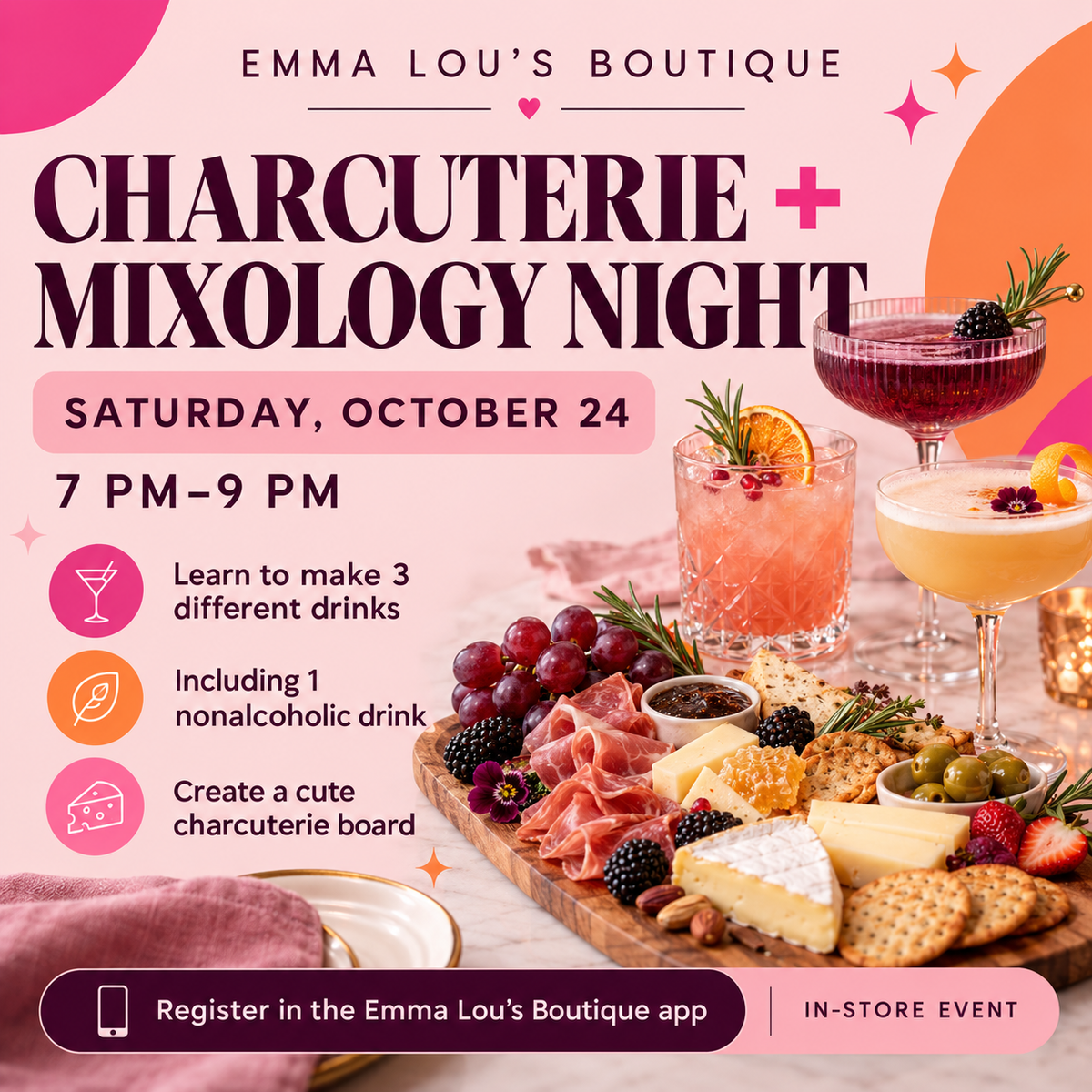 CHARCUTERIE + MIXOLOGY NIGHT October 24th