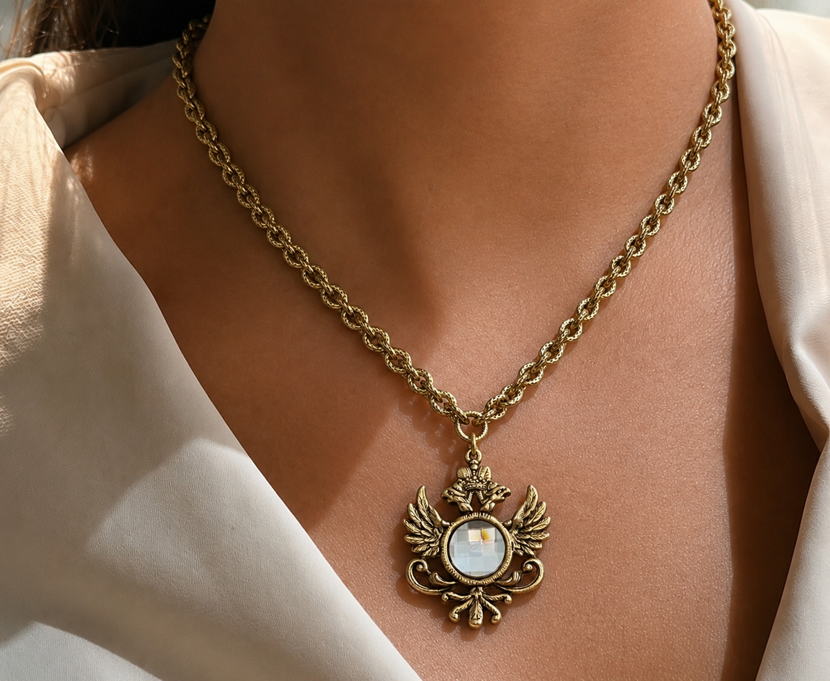 Gold plated 17" Chain with reproduction heraldic pendant and vintage swarovski crystal