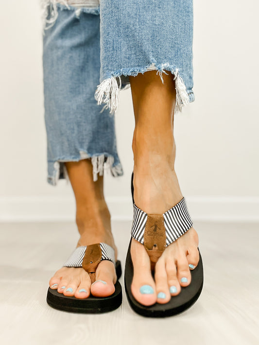 Corkys Summer Break Flip Flop Sandals in Black White Stripe
