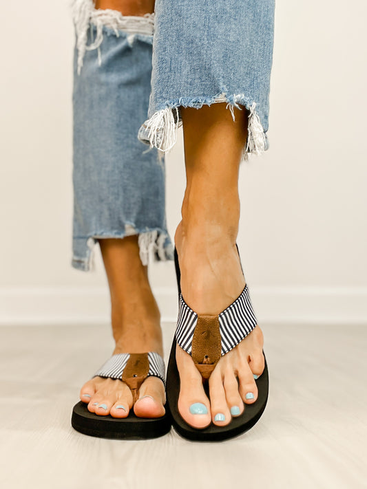 Corkys Summer Break Flip Flop Sandals in Navy White Stripe