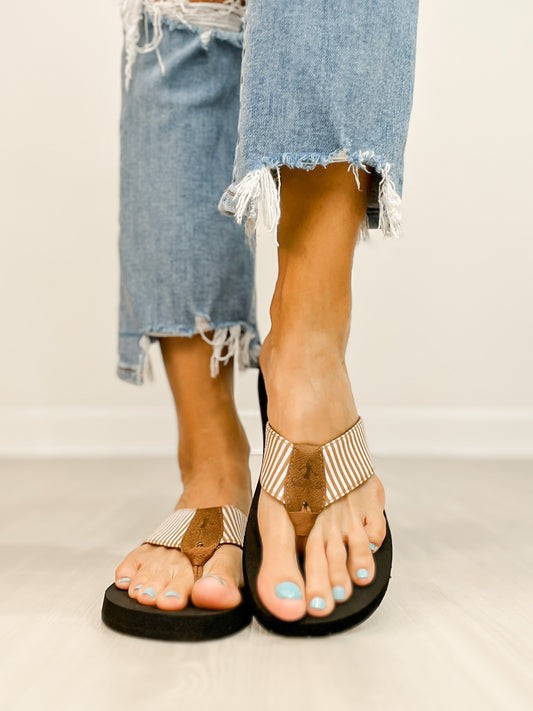 Corkys Summer Break Flip Flop Sandals in Tan White Stripe