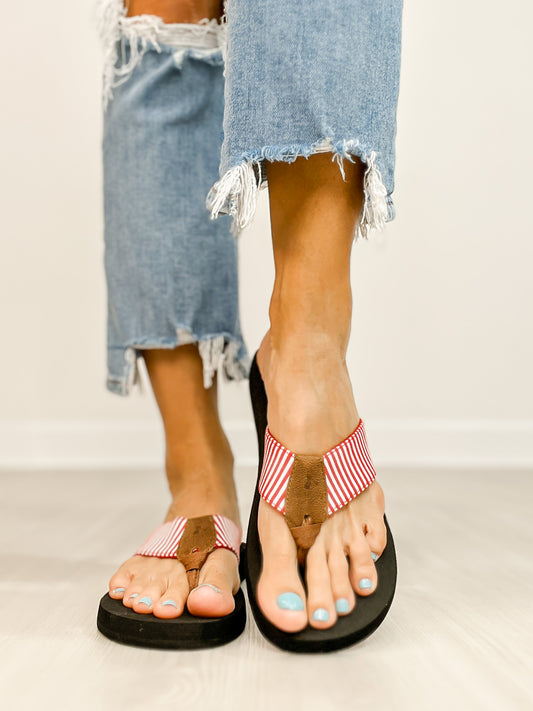 Corkys Summer Break Flip Flop Sandals in Red White Stripe