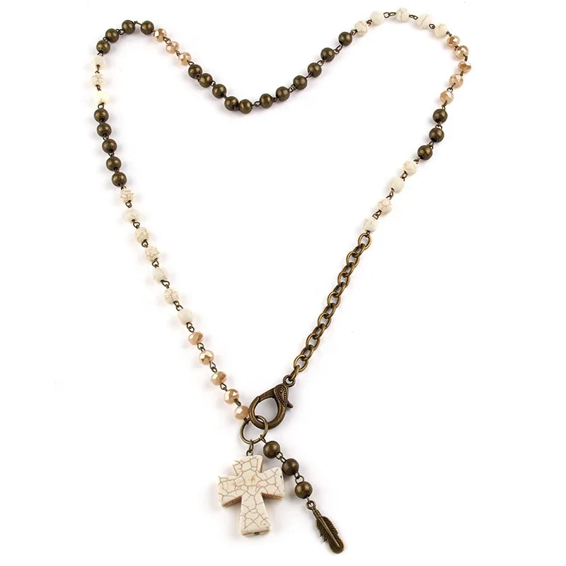 Bronze Beaded Feather and Cross Necklace