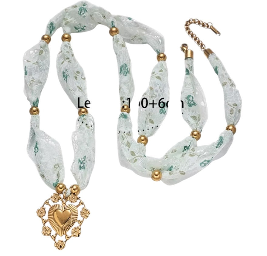 Silk Necklace Light Green with Heart Charm