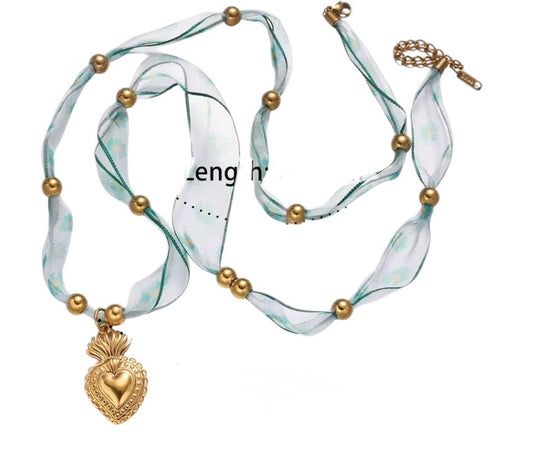 Silk Necklace Light Green with Heart Beaded Charm