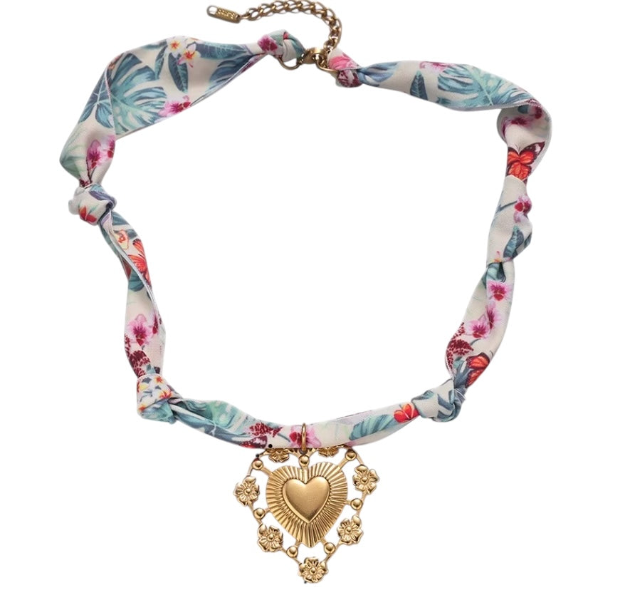 Silk Necklace Palm Floral with Heart Charm