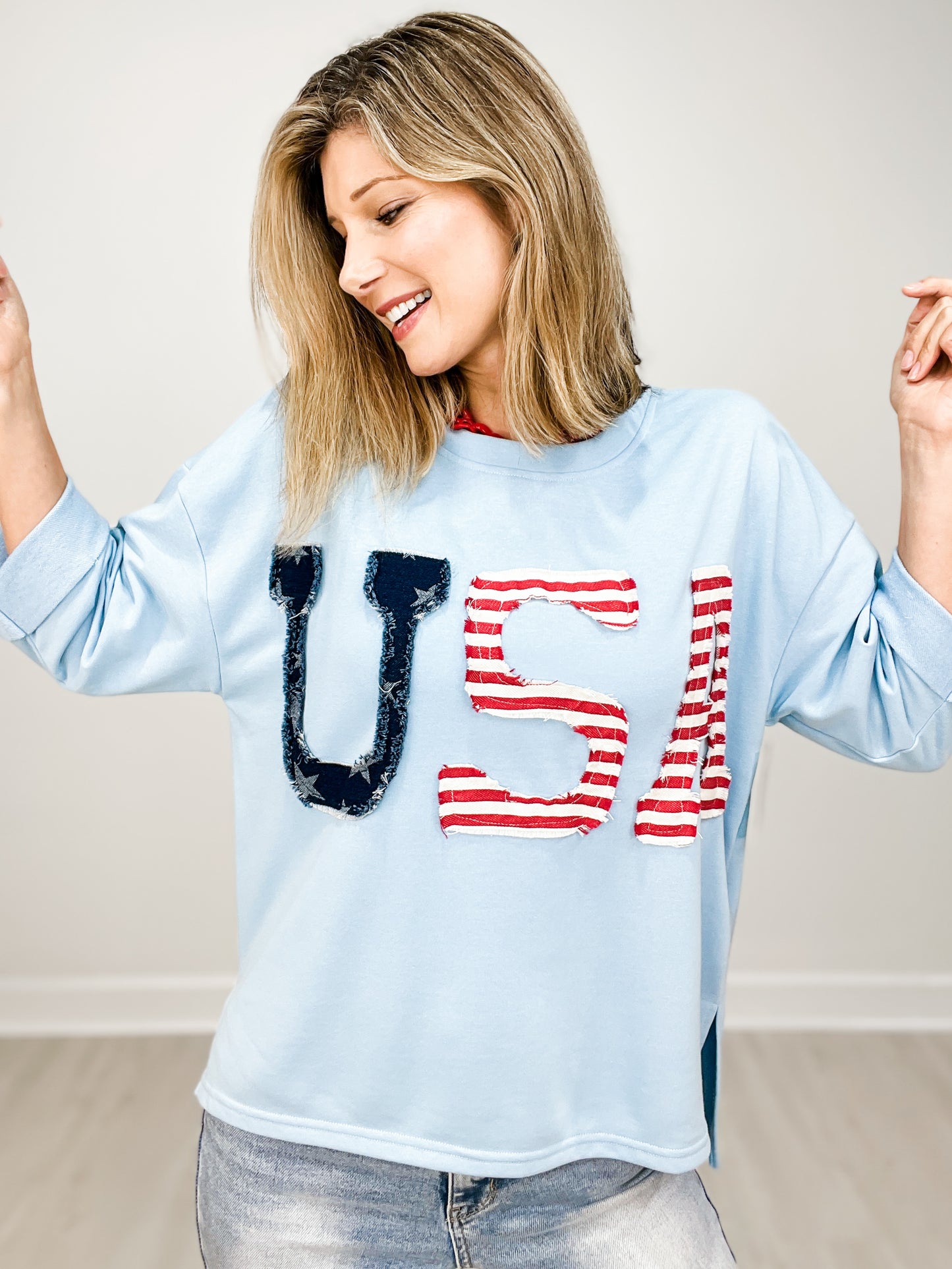 USA Patch 3/4 Sleeve Drop Shoulder Top