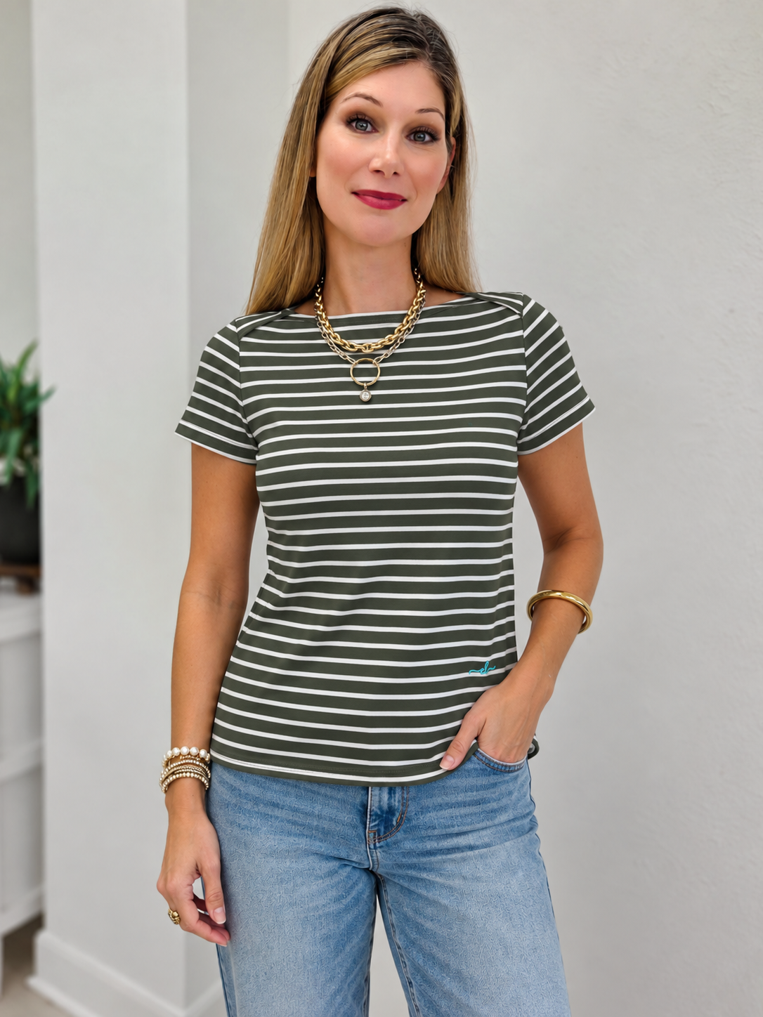 The Classic Charm Short Sleeve Boat Neck Top - Autumn Arrivals
