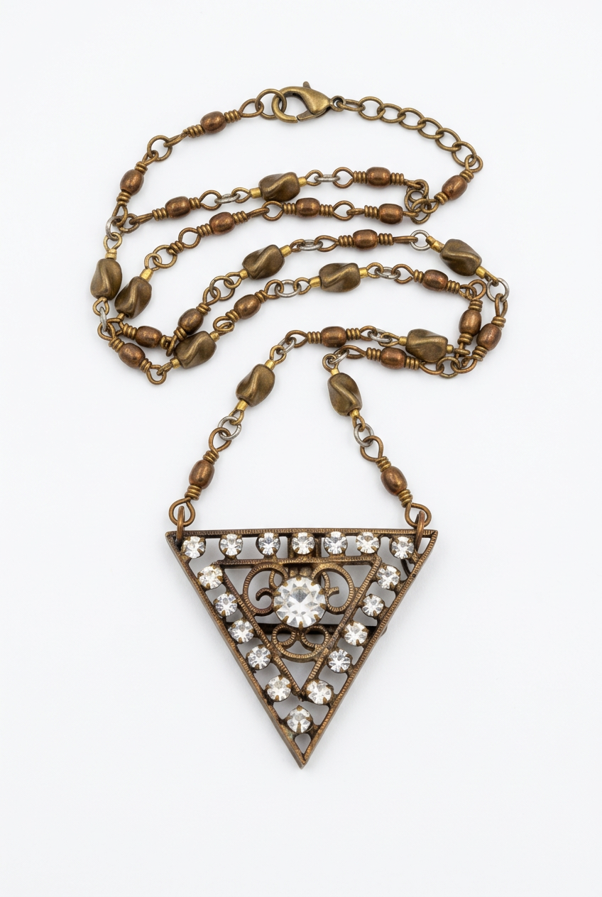 Vintage Chain Necklace with Rhinestone Triangle Sash Buckle