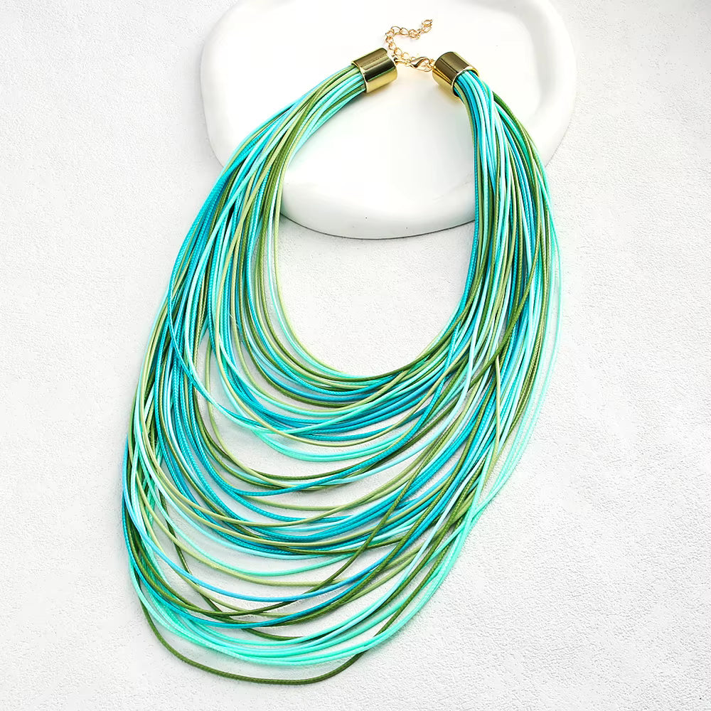 Bohemian Retro Colorful Leather Cord Necklace in Green