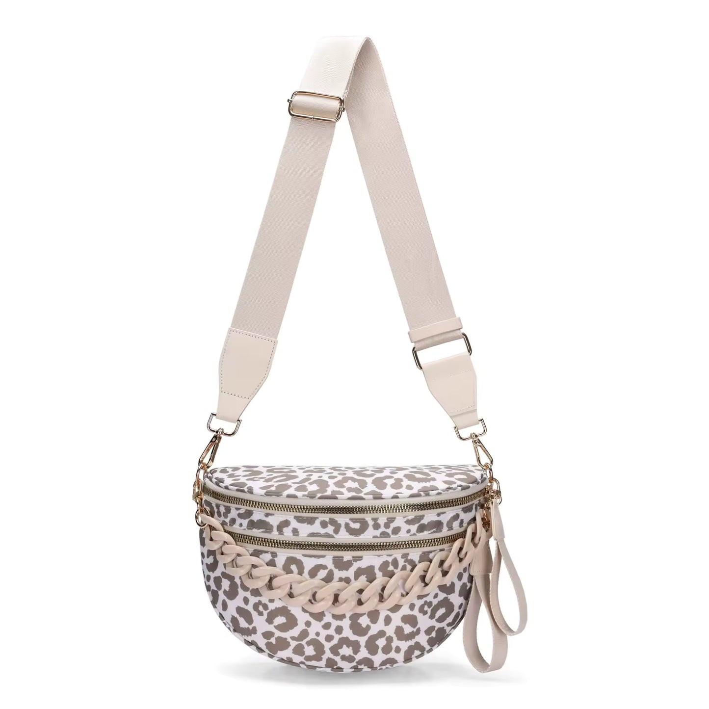 Oversized Nylon Double Zipper Leopard Crossbody in DARK KHAKI