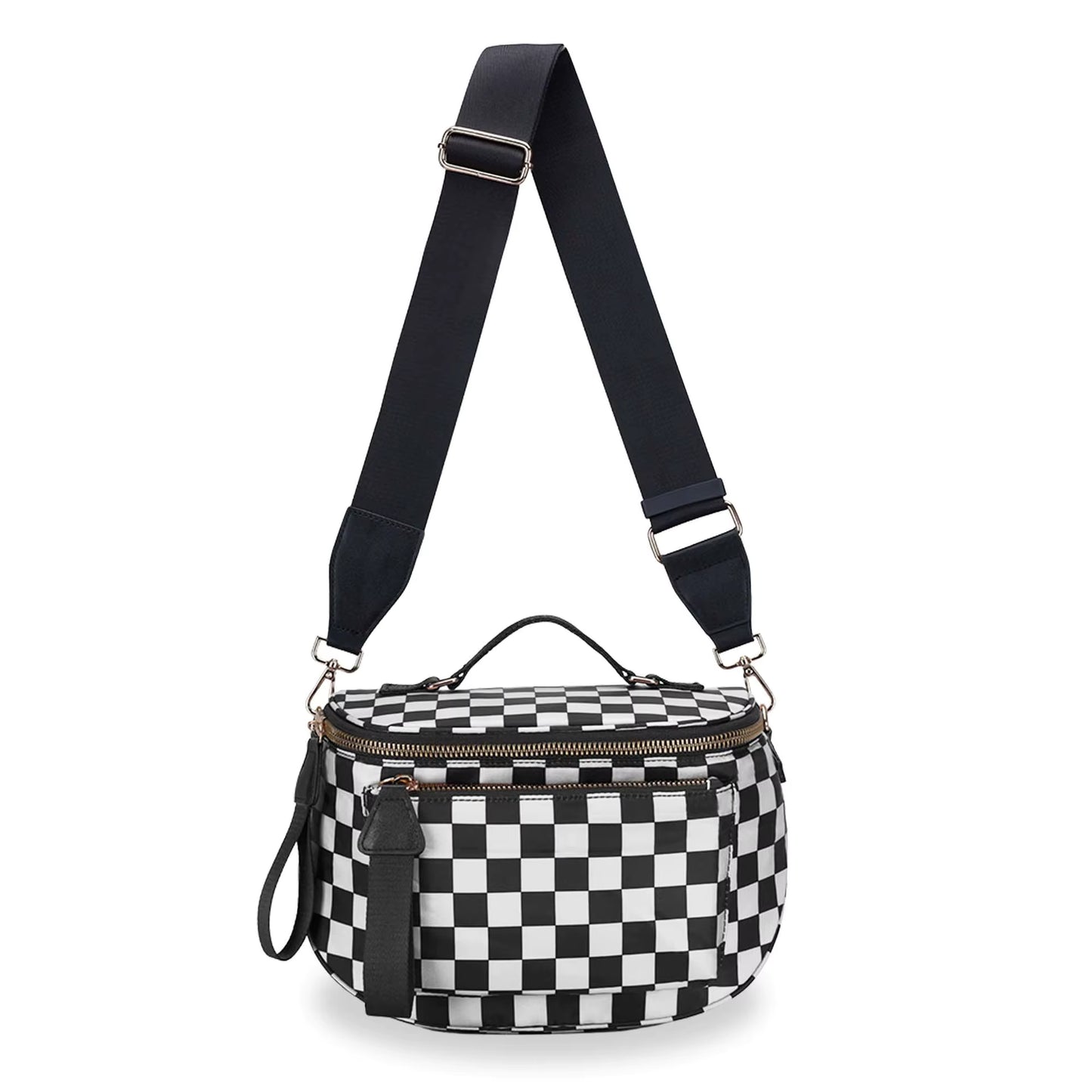 Oversized Nylon Double Zipper Checkered Crossbody in Black/White