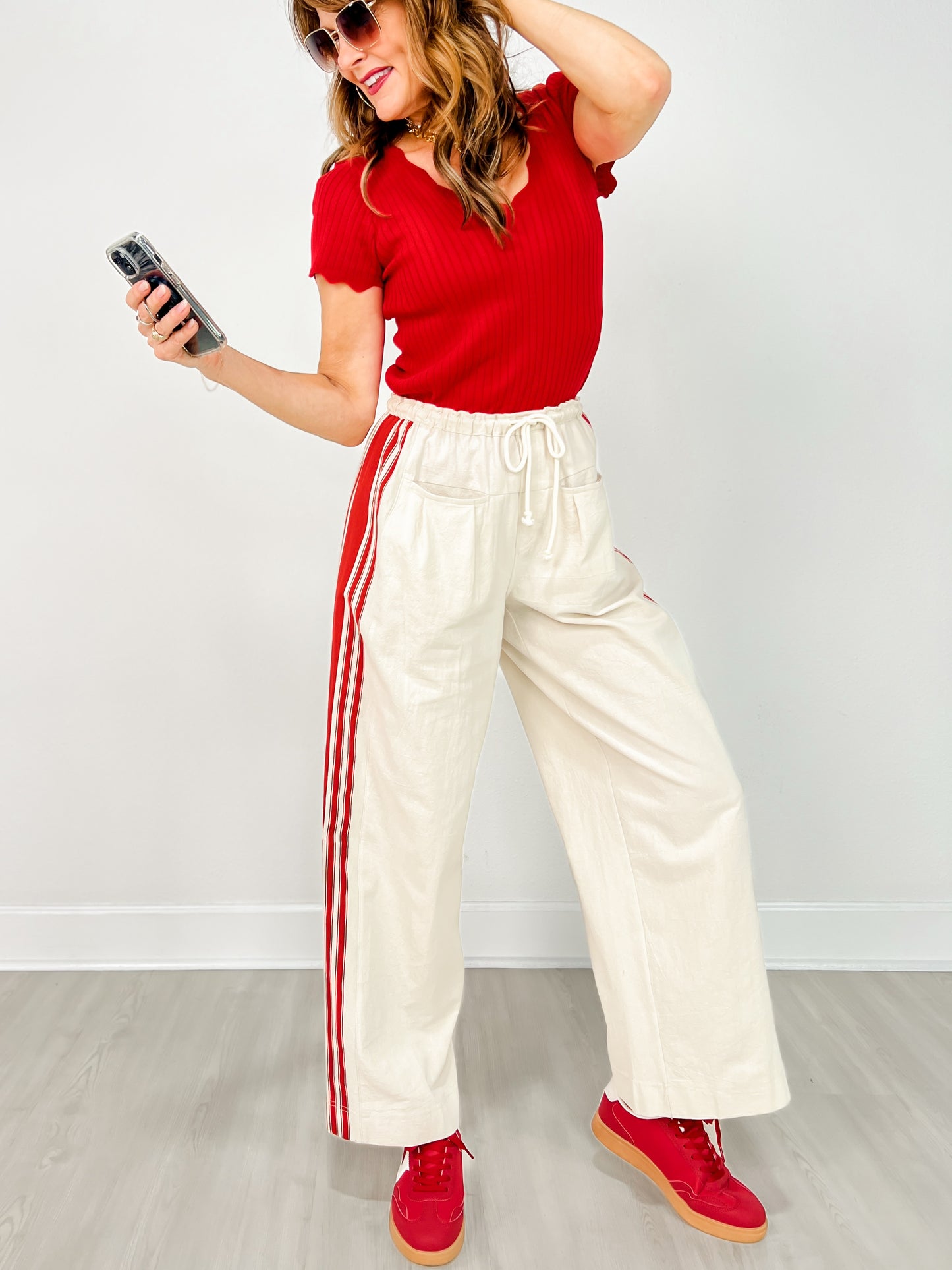 Drawstring Waist Sport Striped Wide Leg Pants