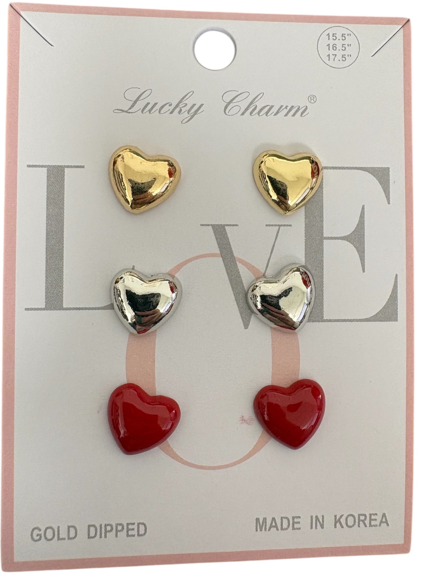 Three Pack Enamel Stud Heart Earrings; Red, Gold, Silver