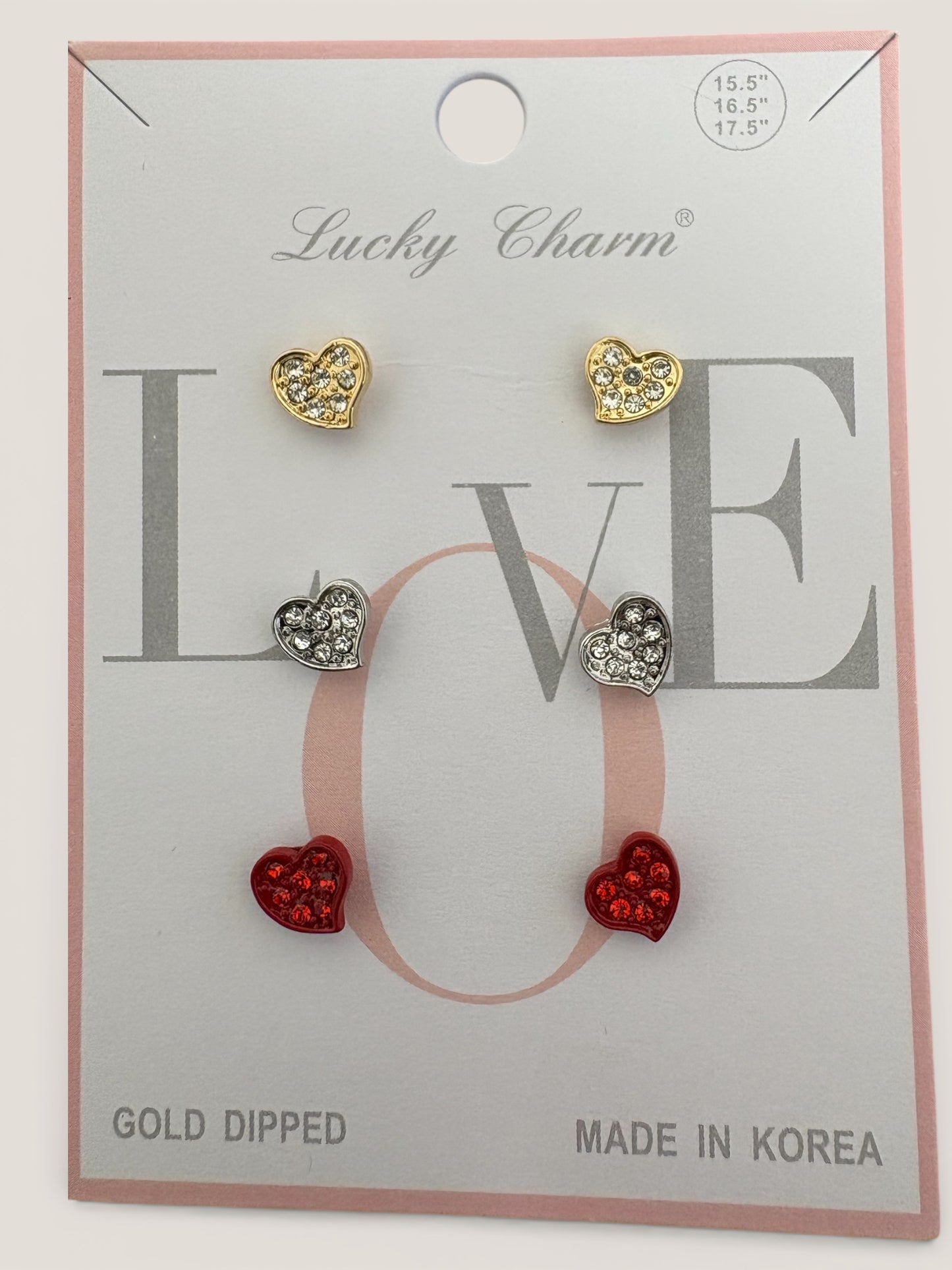Three Pack Diamond Stud Heart Earrings; Red, Gold, Silver