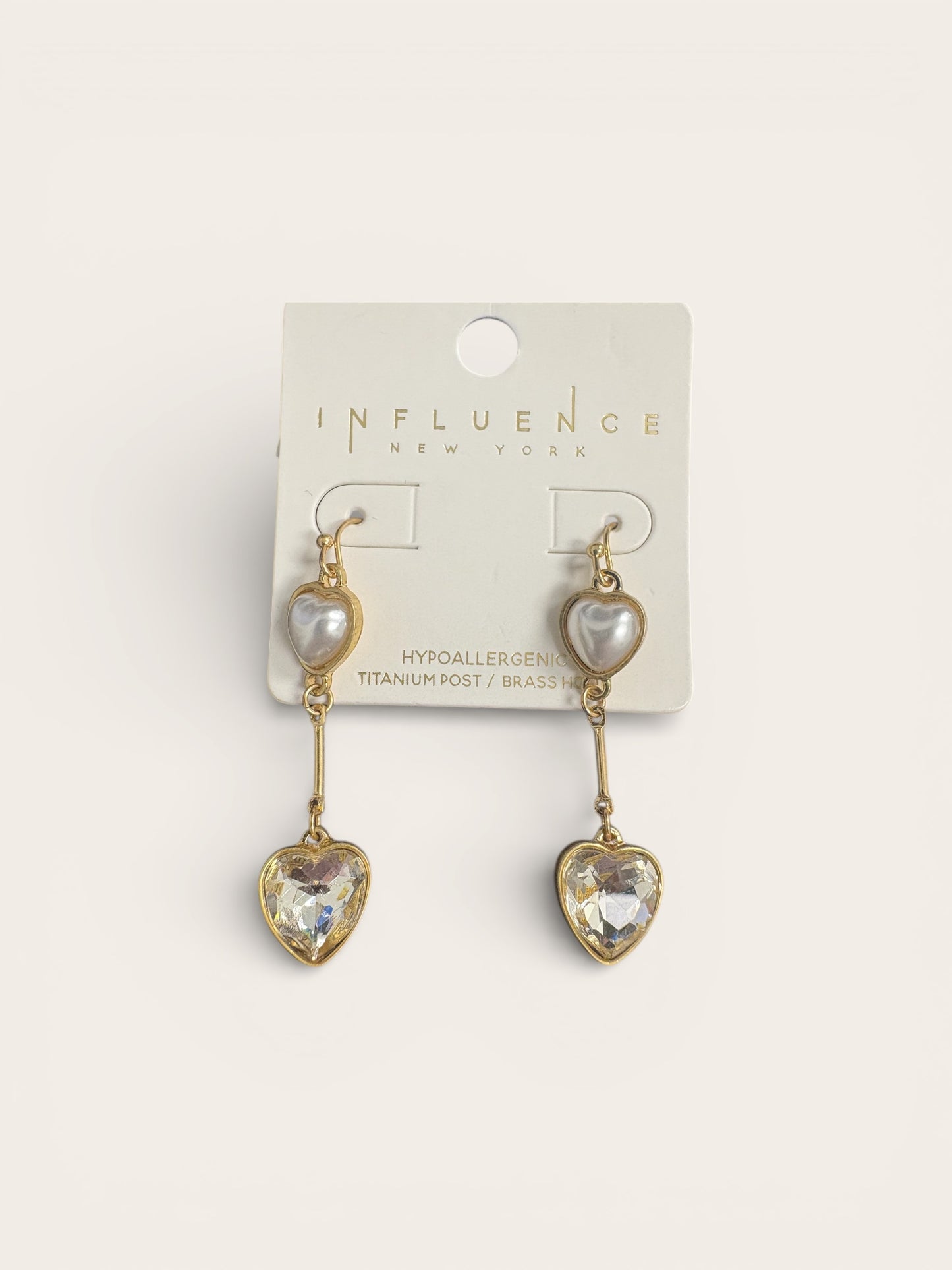 Gold Heart Drop Earrings with Pearl Crystal Accents