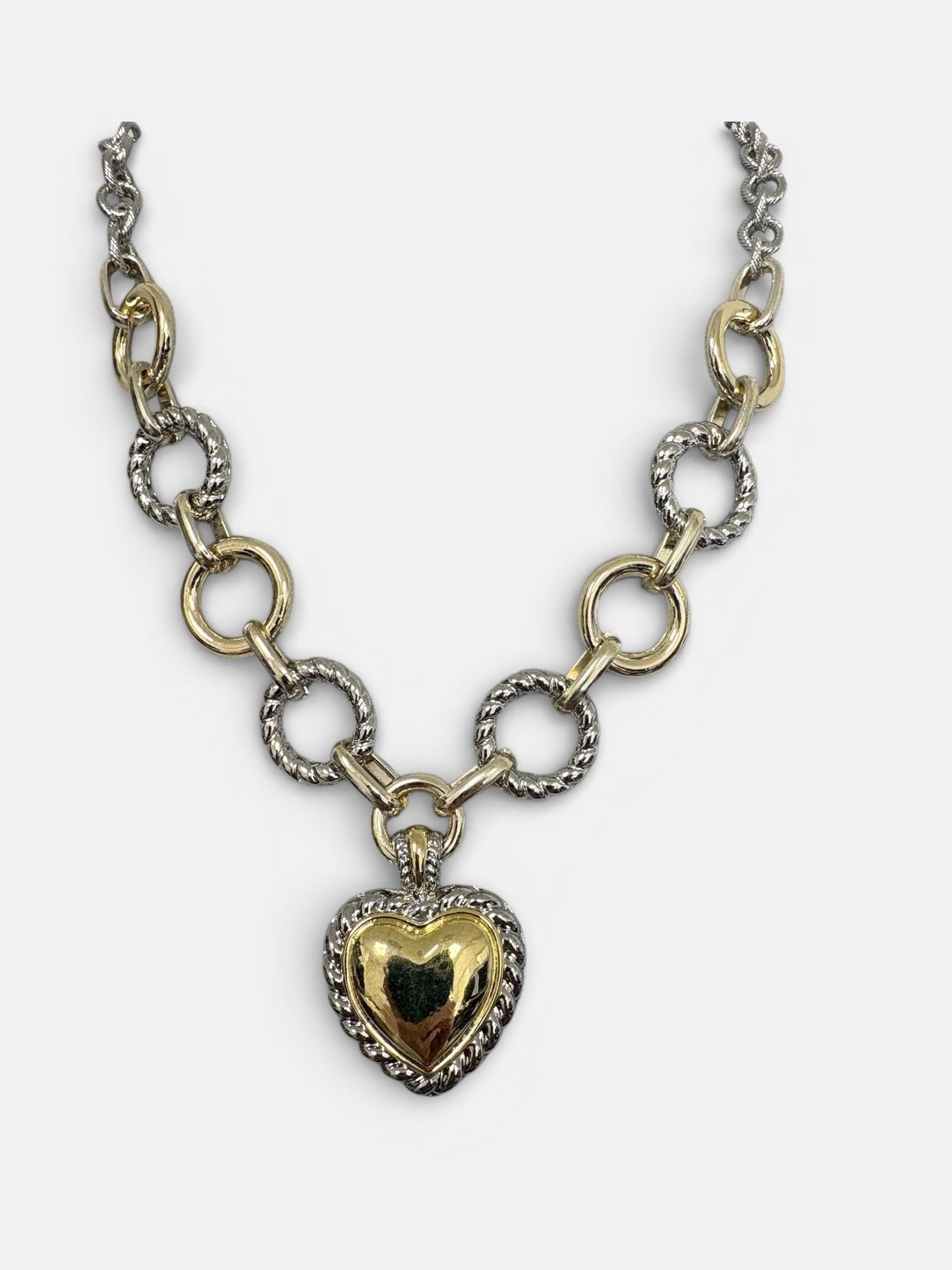 Two Tone Link Chain Necklace with Heart Pendant