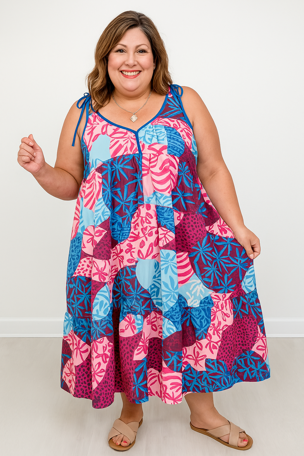 Maxi Tiered A-Line Mixed Print Spaghetti Tie Strap Dress