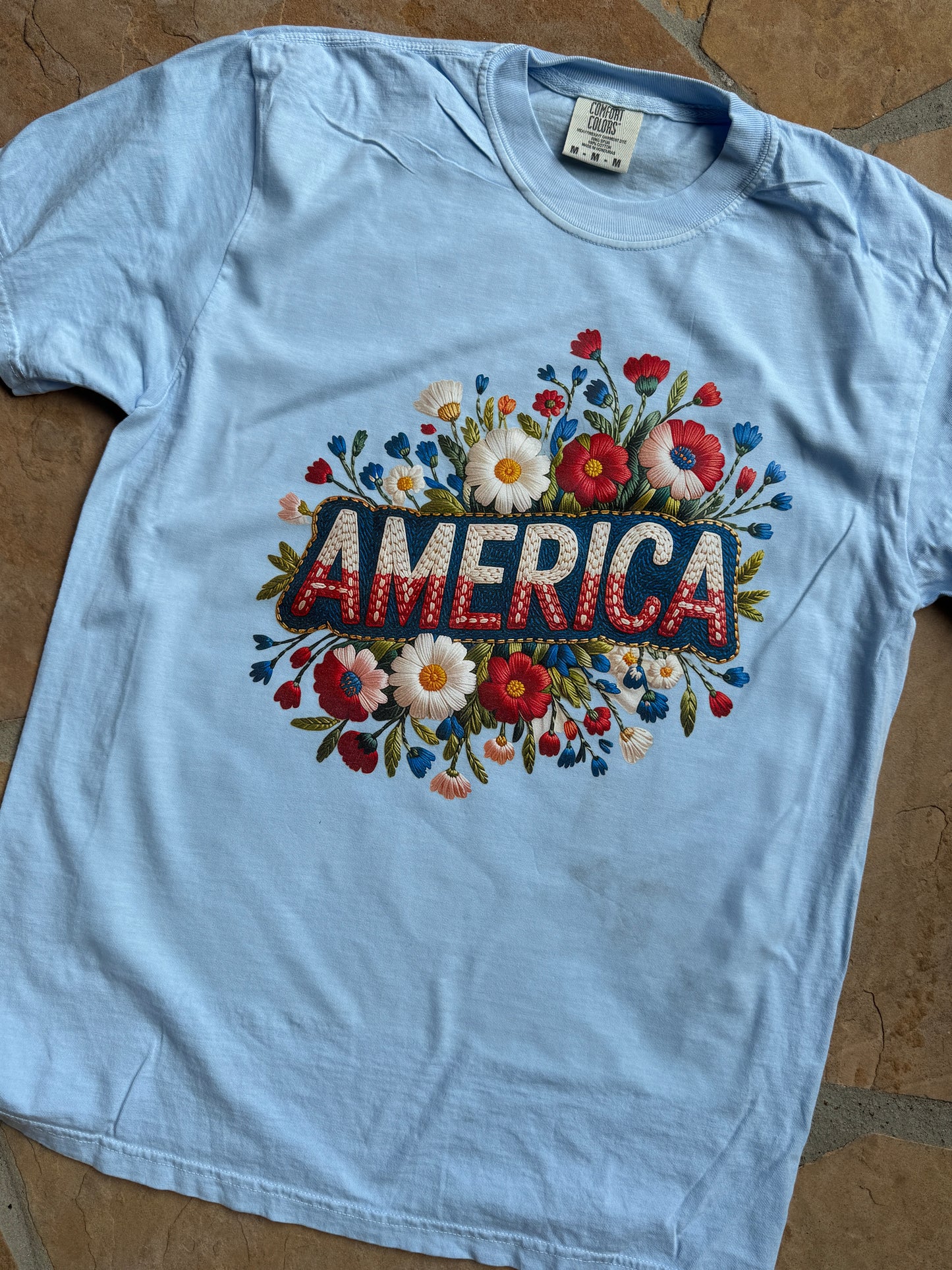 Embroidery Look "America" Flowers Graphic Tee