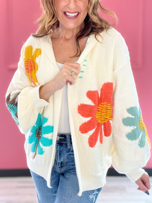 If It Makes You Happy Floral Pattern Fringe Open Front Hooded Cardigan
