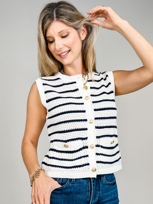 Gold Button Front Waffle Sweater Vest With Pockets