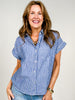 Linen Blend Short Sleeve Chambray Button Down Top