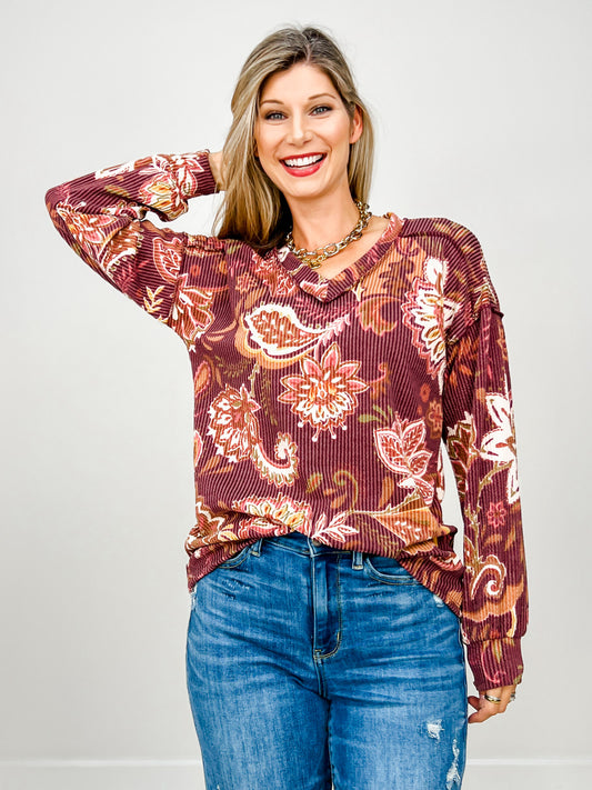 Puff Sleeve V Neck Paisley Urban Rib Top
