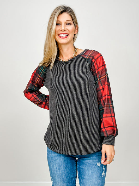 Solid Urban Ribbed And Plaid Contrast Top