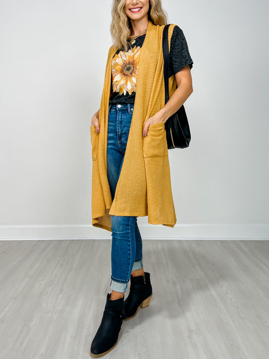 Open Front Crochet Midi Vest in MARIGOLD