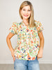 Floral Print Short Sleeve Ruffled Tie Neck Top