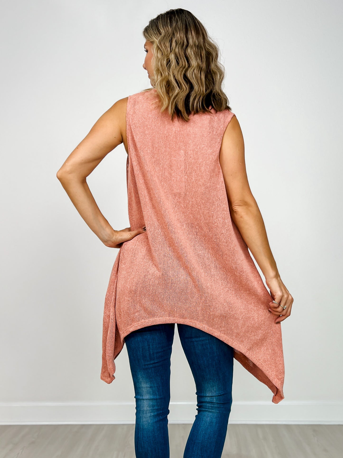 Frtont Drape Open Front Sleeveless Knit Vest in CASHMERE ROSE