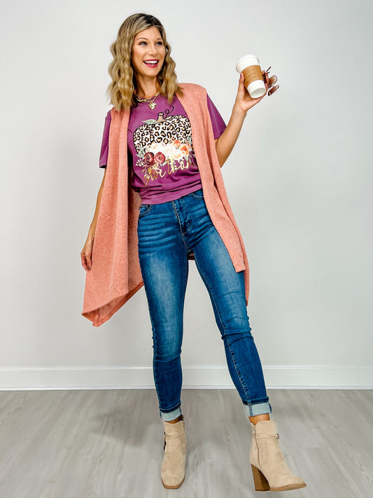 Frtont Drape Open Front Sleeveless Knit Vest in CASHMERE ROSE