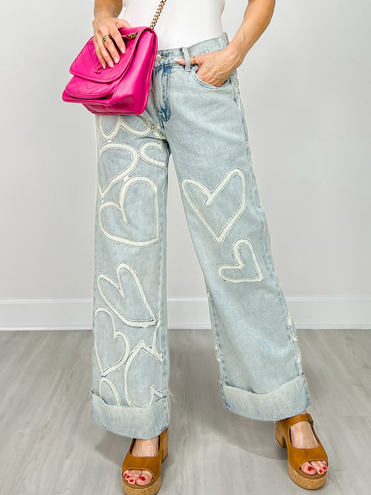 Washed Heart Patchwork Detail Denim Jeans
