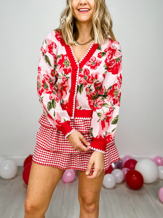 Floral Print Cardigan Sweater with Scallop Detail Edges