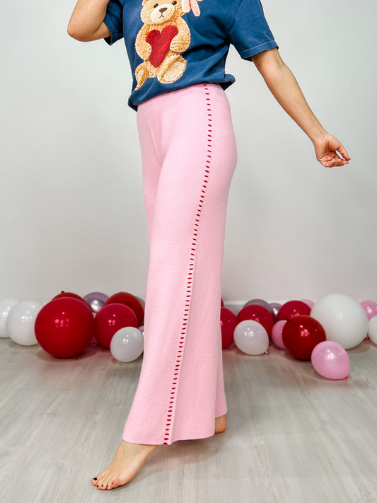 Wide Leg Knit Pants With Blanket Stitch