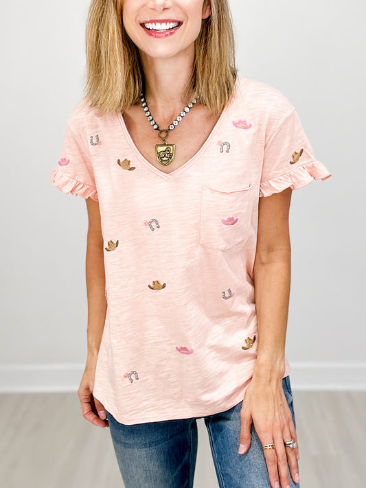 Western Inspired V-Neck Ruffle Sleeve with Front Accent Pocket Top