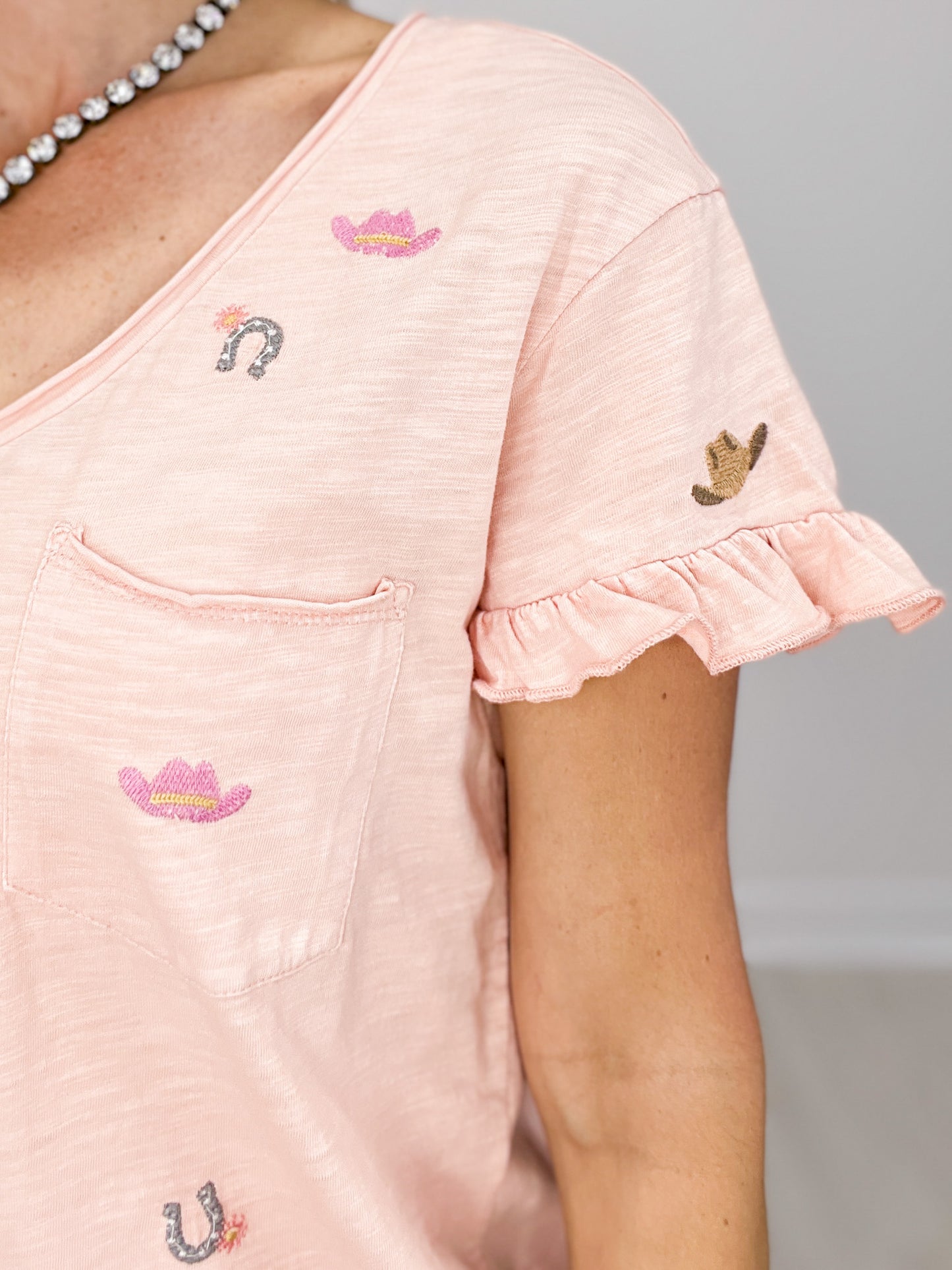 Western Inspired V-Neck Ruffle Sleeve with Front Accent Pocket Top