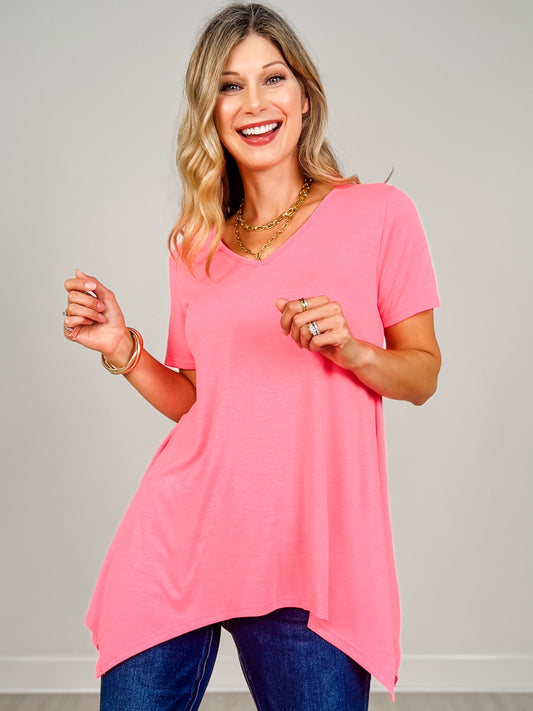 Short Sleeve V-Neck Solid Top with Draped Hemline