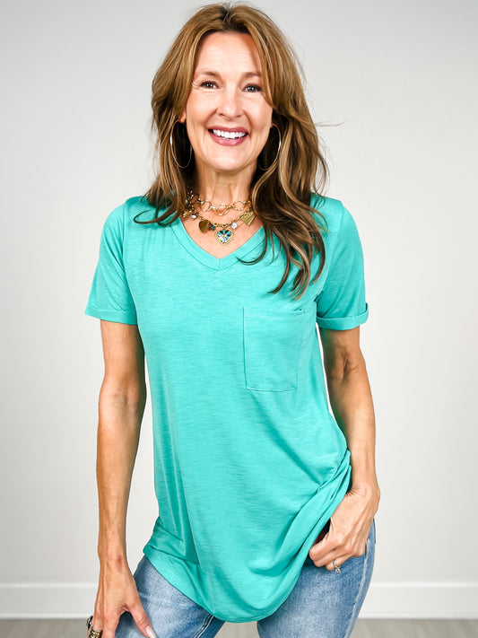 Solid Bulgari Short Sleeve Top With Pocket