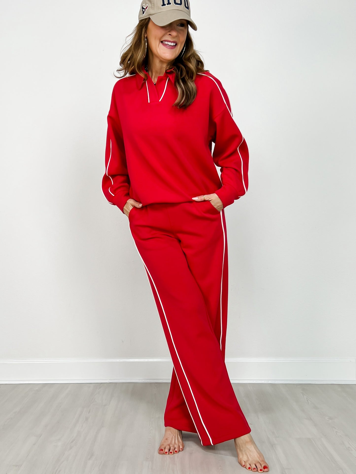 Modal Scuba Stripe Piping Straight Pant in True Red Cream