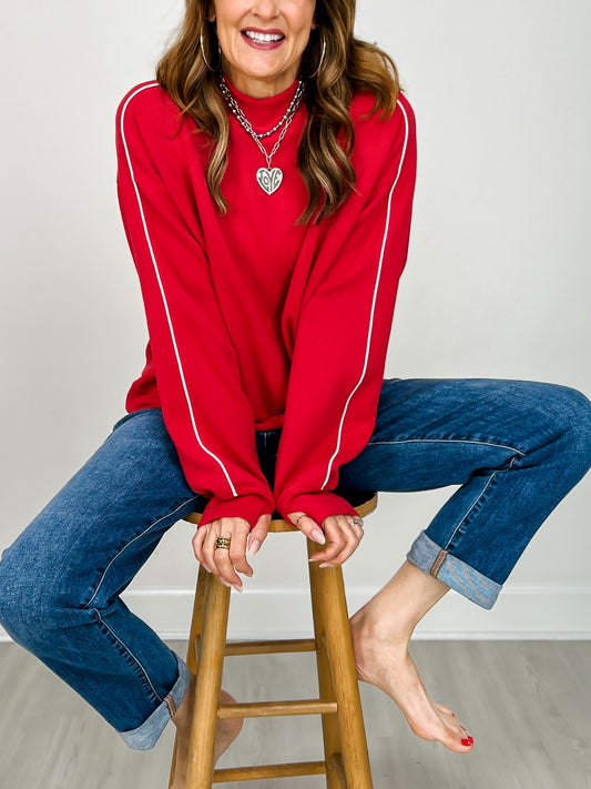 Modal Scuba Piping Mock Neck Top in True Red Cream