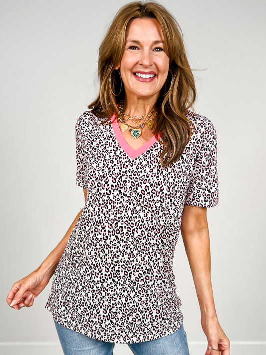 Short Sleeve Leopard Neon Print Top