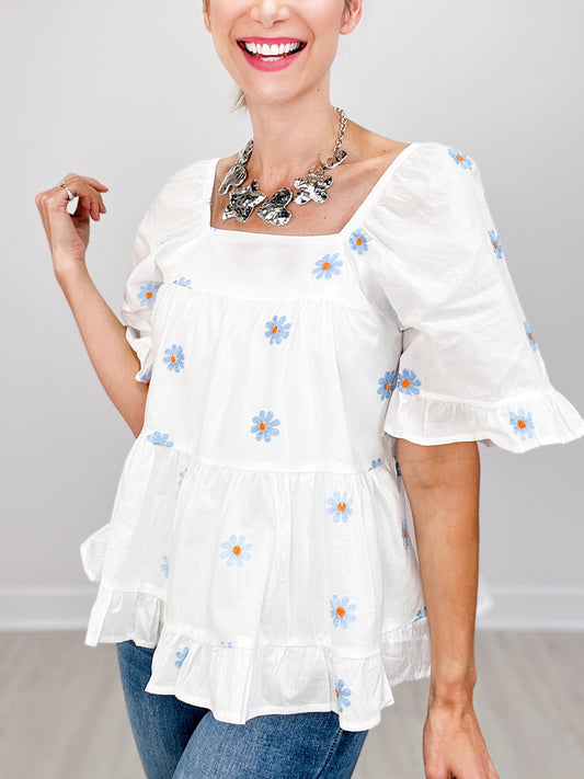 All Over Daisy Embroidered Square Neck Top