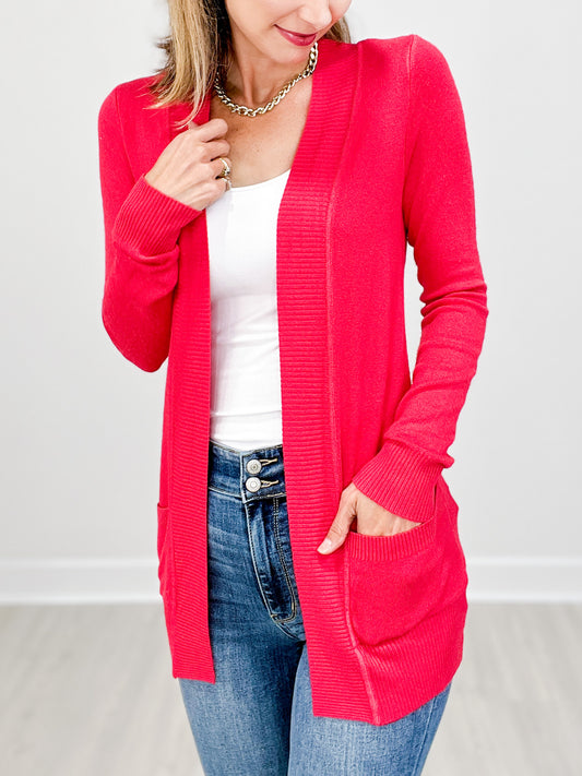 Cotton Blend Knit Open Front Cardigan with Front Pockets - GROUP A