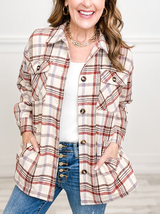 Plaid Button Closure Collared Button Down Shacket