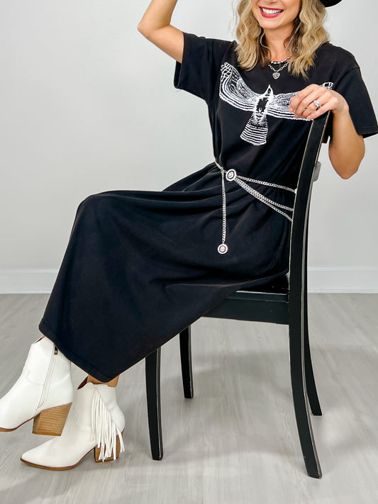 Eagle Print Short Sleeve Midi Dress