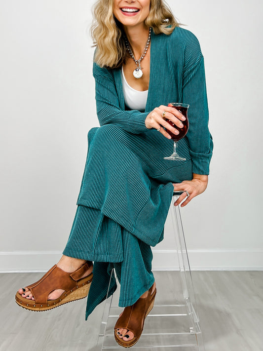 Sunrise Ribbed Knit Cardigan & Pants Set in JEWEL GREEN