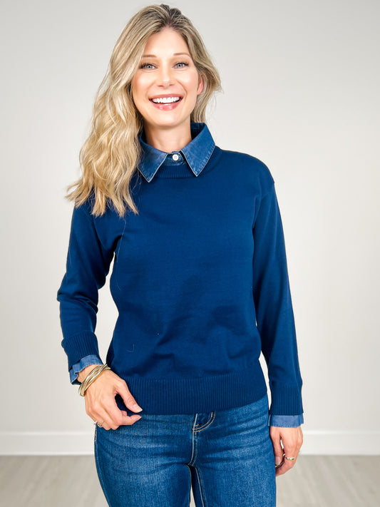 Lightweight Luxe Sweater with Removable Collar in Navy