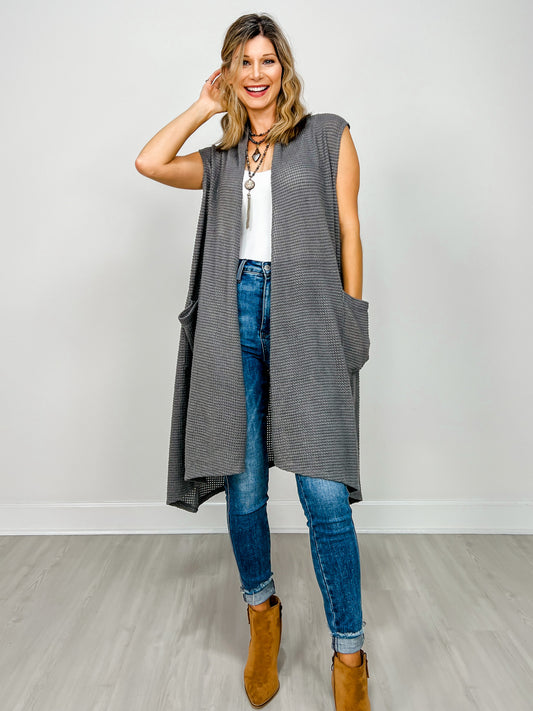 Open Front Crochet Midi Vest in CHARCOAL