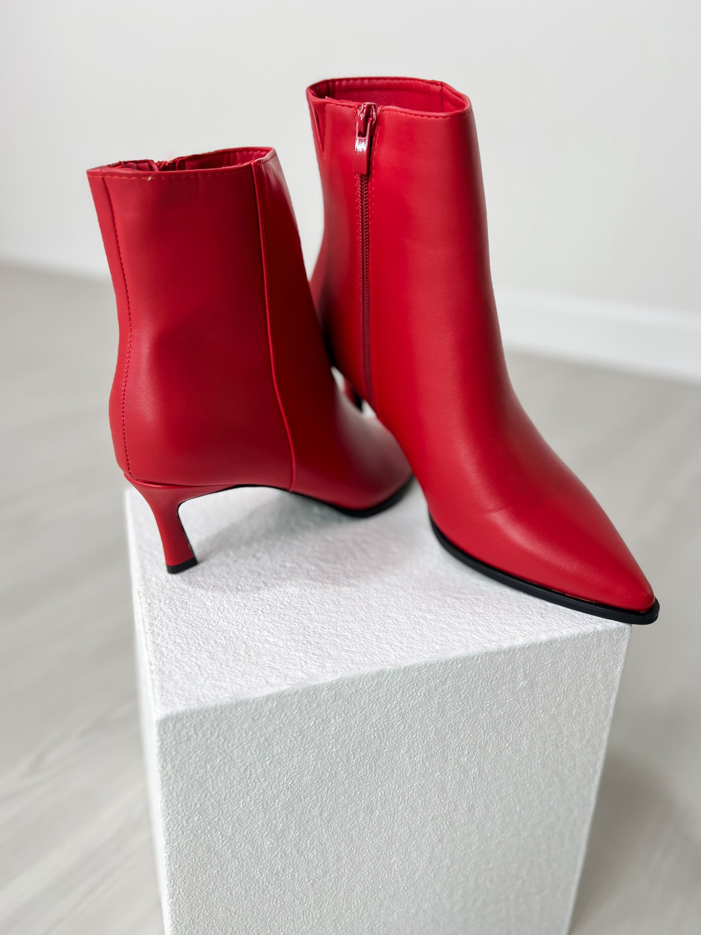 Pointed Toe Stiletto Heel Booties in Red
